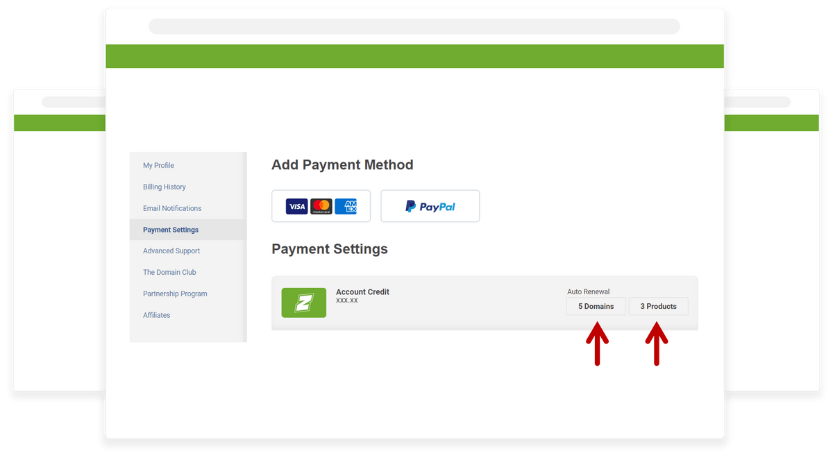 Screenshot of Crazy Domains' Payment Settings Page