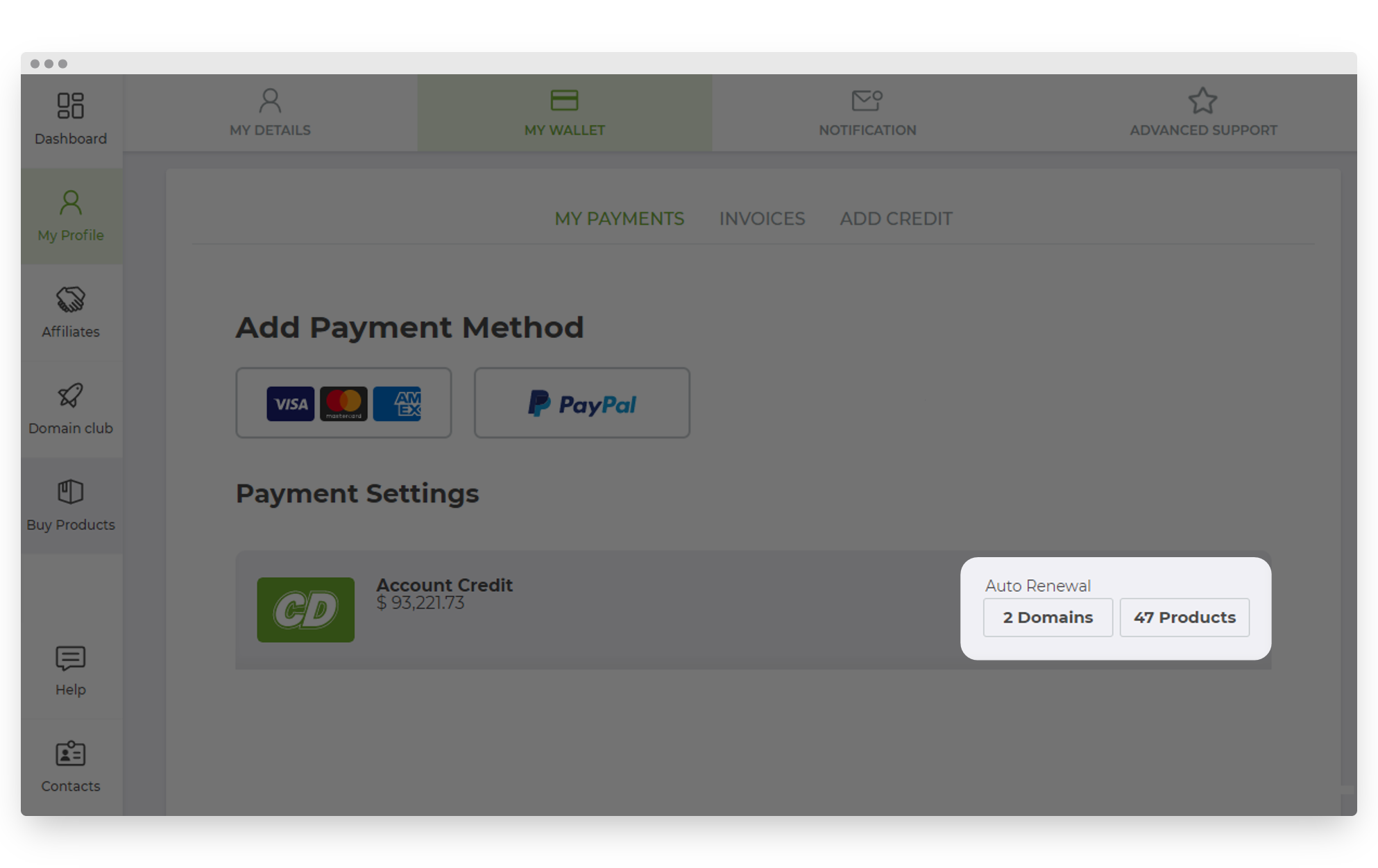 Screenshot of Crazy Domains Payment Settings Page