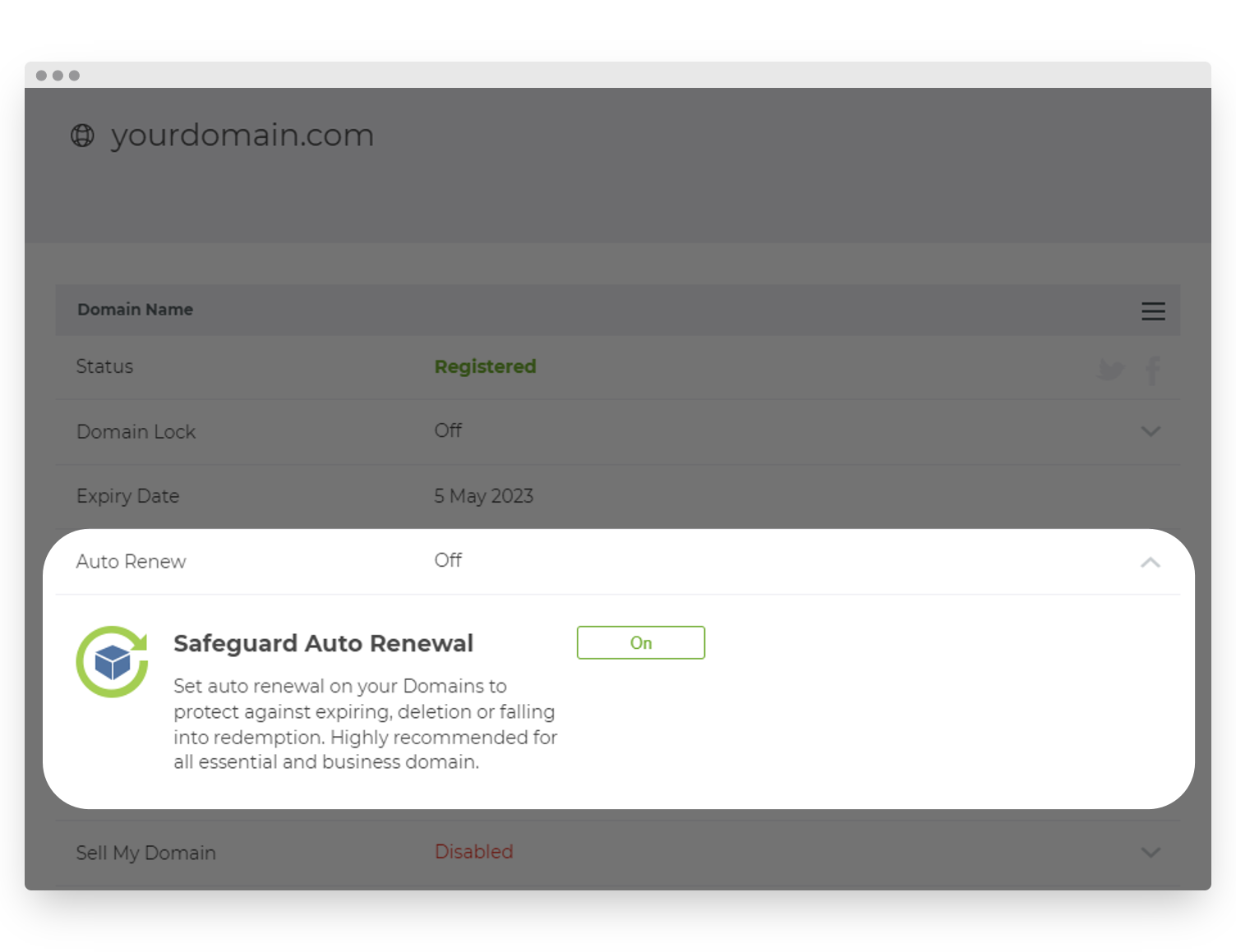 Screenshot of Crazy Domains Domain Name Auto Renewal Settings
