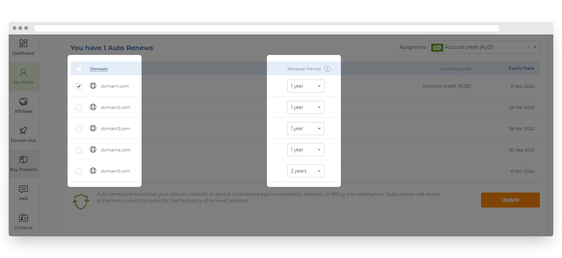 Screenshot of Crazy Domains Auto-Renewal Settings in Bulk