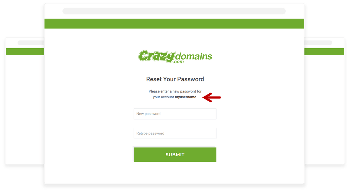 Screenshot of Crazy Domains' Password Reset Page with username