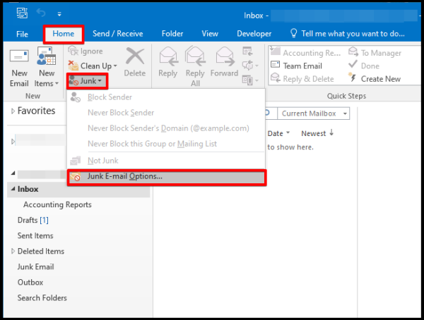 configure junk email options outlook desktop