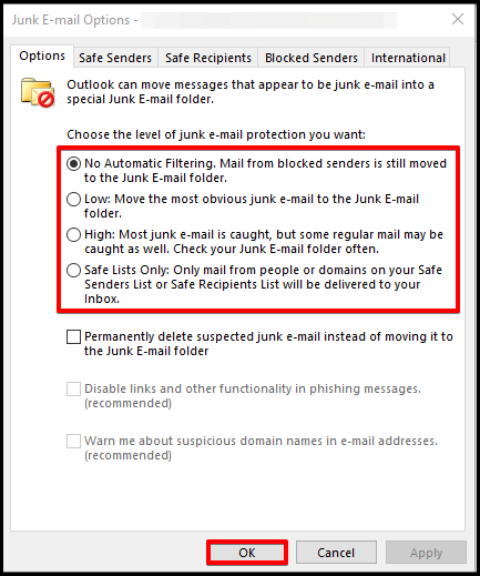 configure junk email options outlook desktop