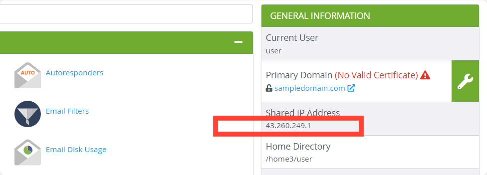 Screenshot of Crazy Domains Shared IP Location