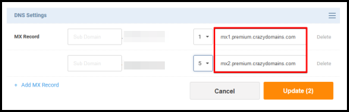 add MX Record info to connect to email hosting