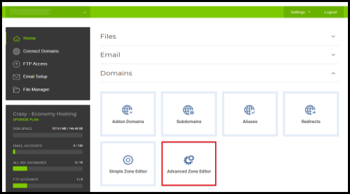 advanced zone editor to configure cname record via hosting manager for premium email