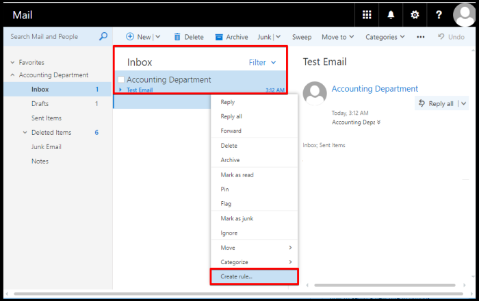 set rules to emails via outlook web access