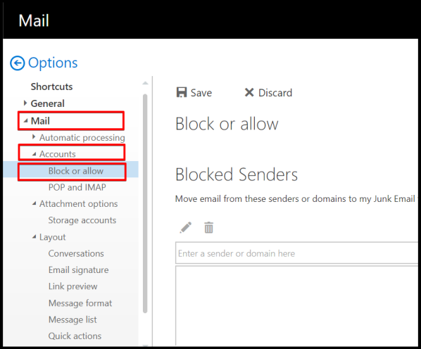 how to access block or allow settings on owa