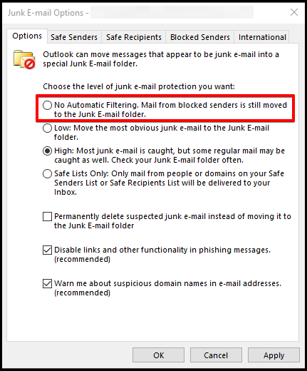 remove spam filter setting on outlook desktop