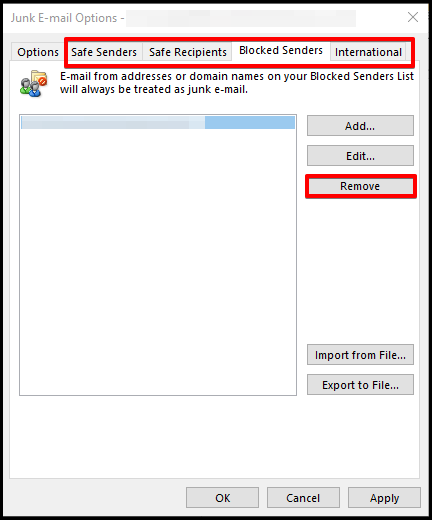 remove spam filter settings window on outlook desktop