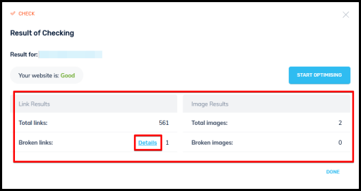 check your website feature result window on traffic booster page