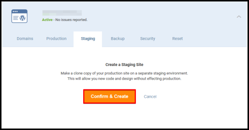 WordPress Hosting confirm and create staging button