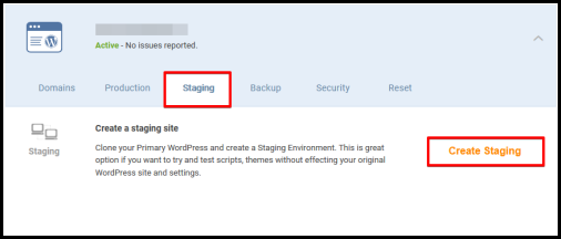 WordPress Hosting create staging button