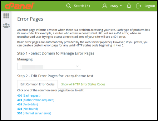 common error website pages in cPanel