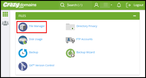 file option to access file manager via hosting manager