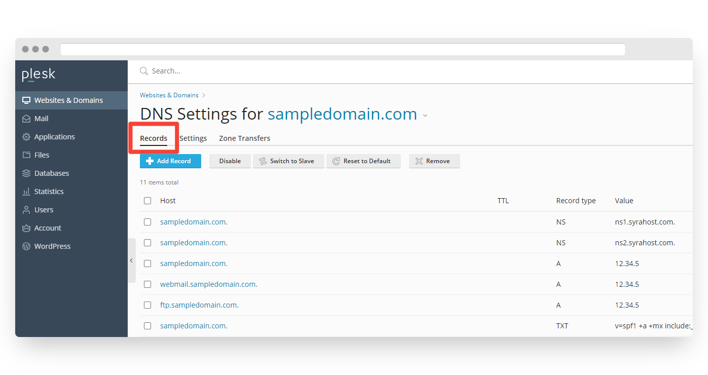 Screenshot of DNS Settings in Plesk Panel
