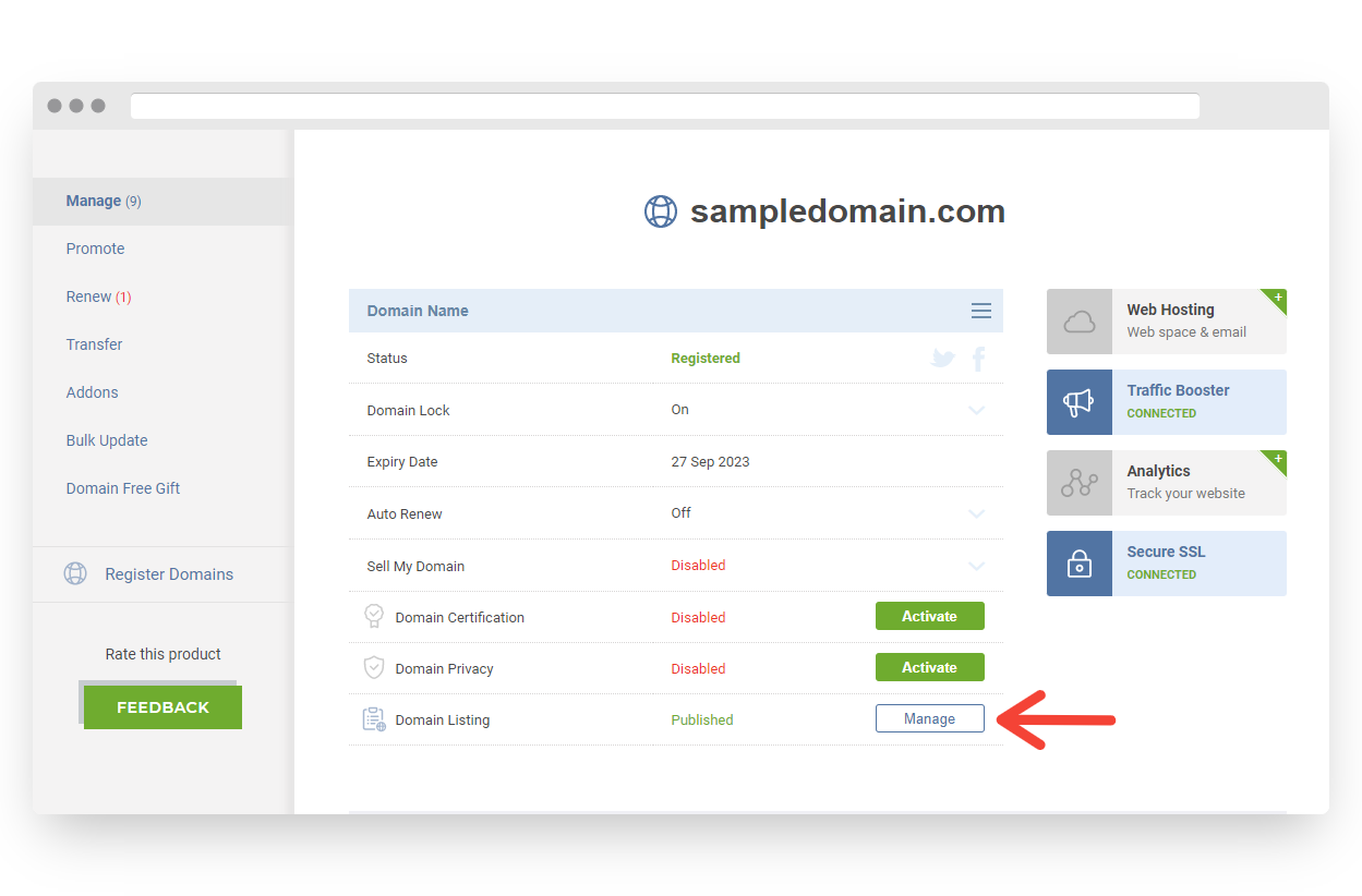 Screenshot of Domain Listing Manage button