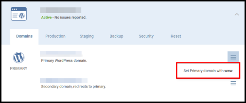 Set Primary domain with www option in WordPress Hosting manager