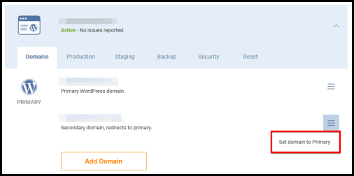 WordPress Hosting manager page setting secondary domain name button