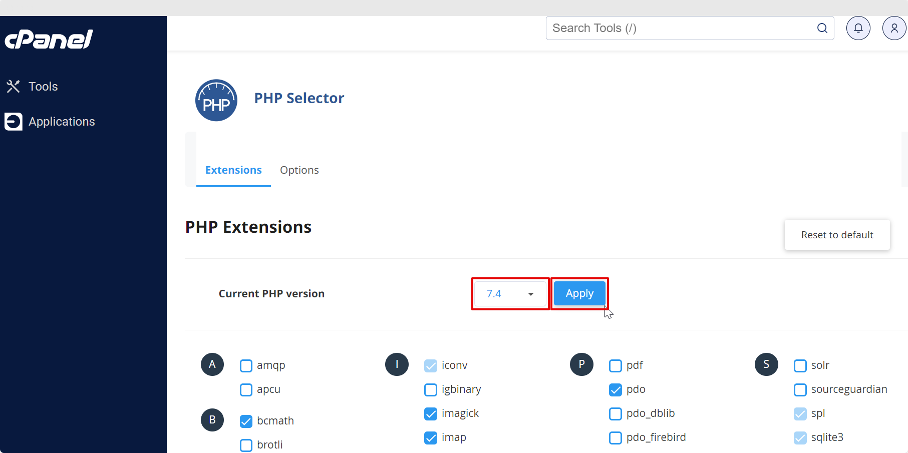 Image of PHP Version Drop-down and Apply Button