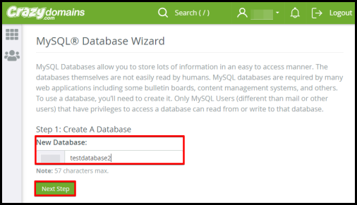 create a database via mysql database wizard