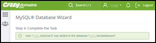 complete creating a user via mysql database wizard
