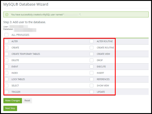 add user privileges via mysql database wizard