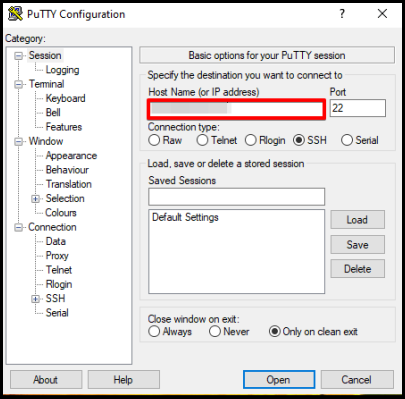 PuTTY application host name text box