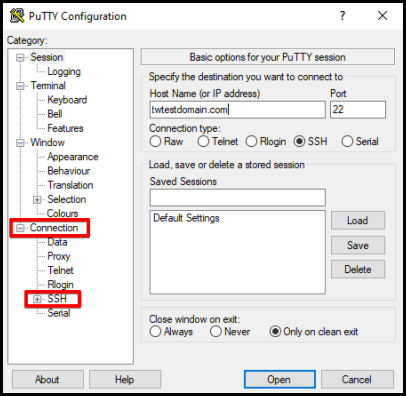connection and ssh expand list on PuTTY application