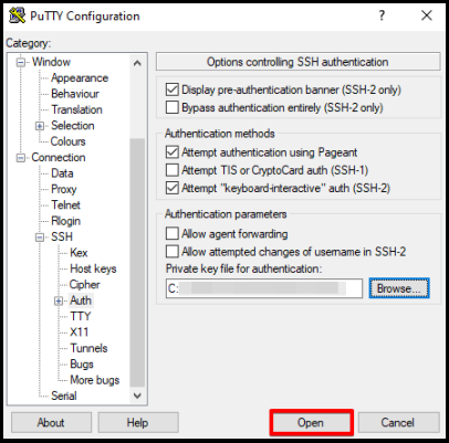 open button to access PPK file on PuTTY application
