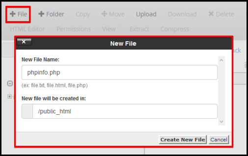 new file window to create phpinfo file in root directory