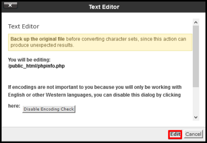information alert window to be directed to a text editor page for phpinfo file