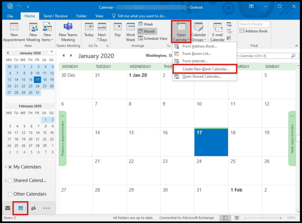 open calendar option ribbon to create new calendar on Outlook   
