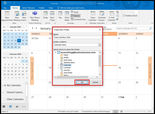 pop up box window to create new calendar on Outlook