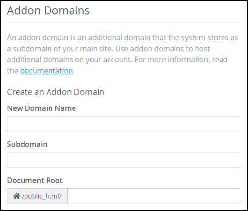 create an addon domain via hosting manager input field