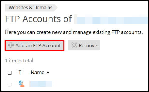 add an FTP account button in Plesk Hosting Manager