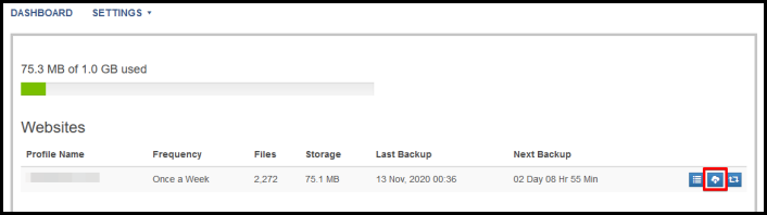 download button on site backup dashboard
