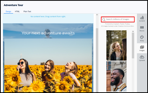 search keyword for content images in email marketing editor tool