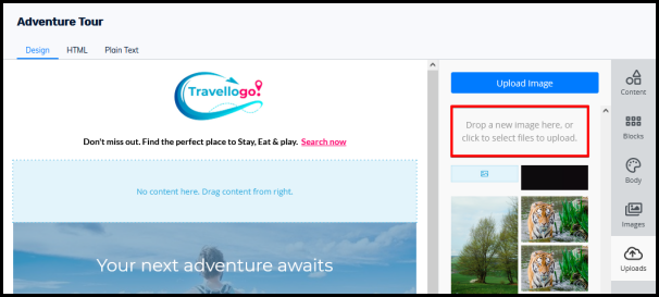 upload images option to email template in email marketing editor tool