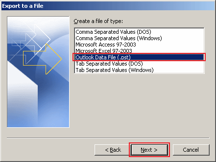 how to export data in Outlook 2010 step 4