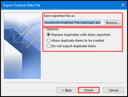 export data file on outlook 2016 file location