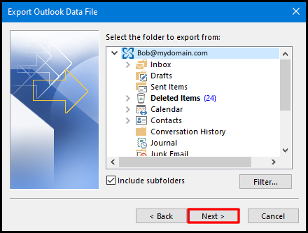 export data file on outlook 2016 mailbox