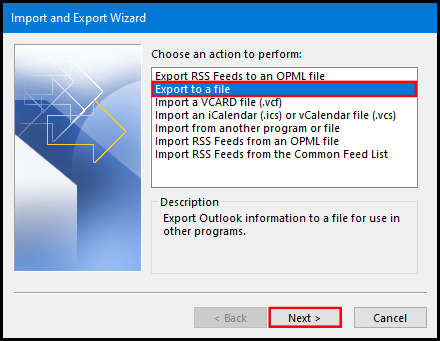 how to export data file on outlook 2016