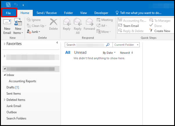 file tab from home window outlook 2016