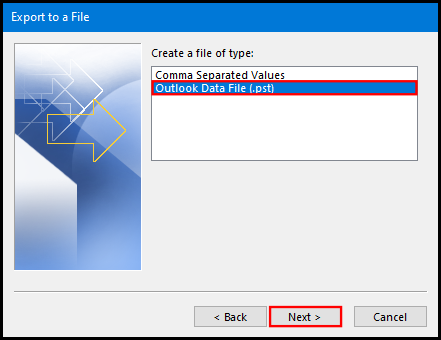 export data file on outlook 2016 pst file format