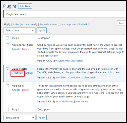 WordPress deactivate plugins option