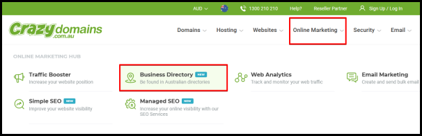 business directory option on crazy domains main page