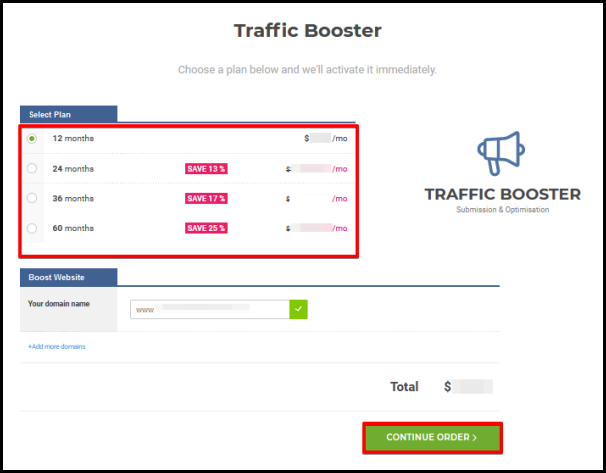 traffic booster page to choose preferred plan and continue order