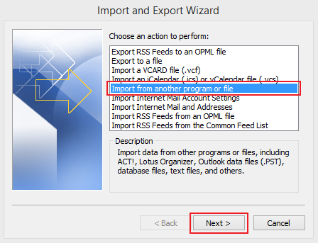 import data to Outlook 2010 step 3