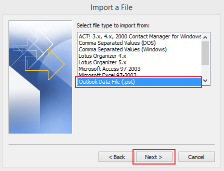 import data to Outlook 2010 step 4